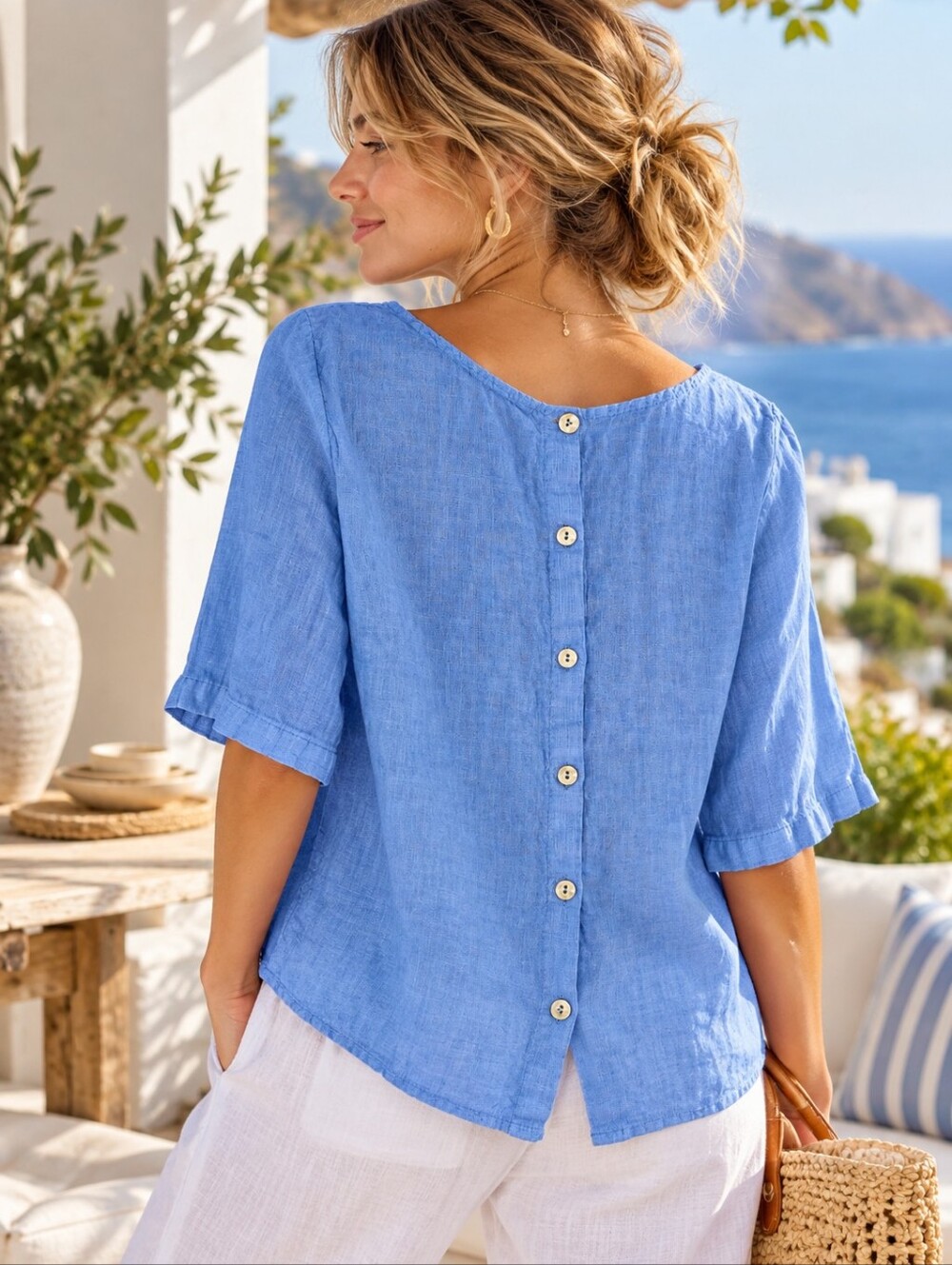 La Contessa 100% Linen Blue Button Back Top Made in Italy S Estimated